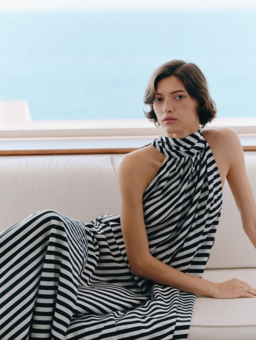 H&M Tie-detail A-line Maxi Dress Navy Blue White Striped  Bnwt